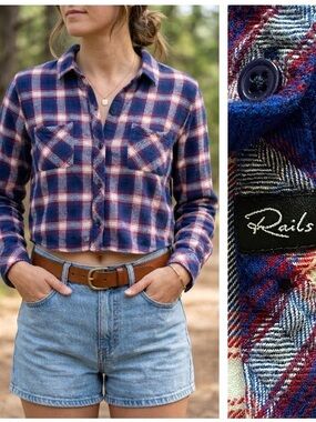 Rails Blue Red White Hunter Plaid Cropped Button Down Shirt Medium